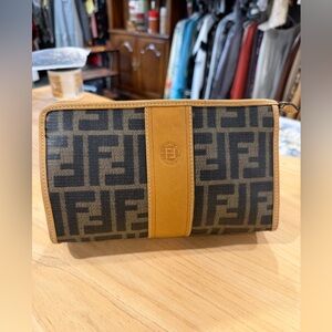 Fendi Brown & Tan Zucca Monogram Zip Clutch